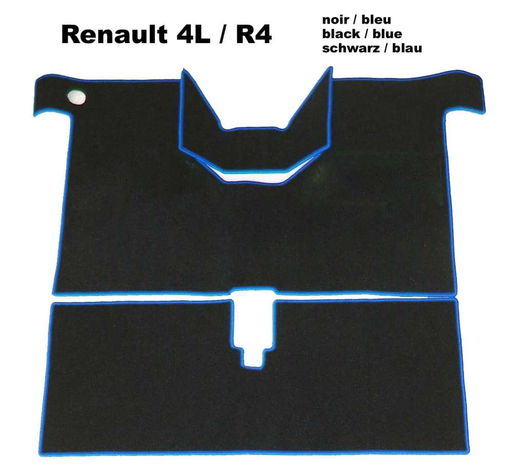 Renault - R4, carpet set. Velour Excellence black (noir) with blue (bleu) vinyl border trim (front +