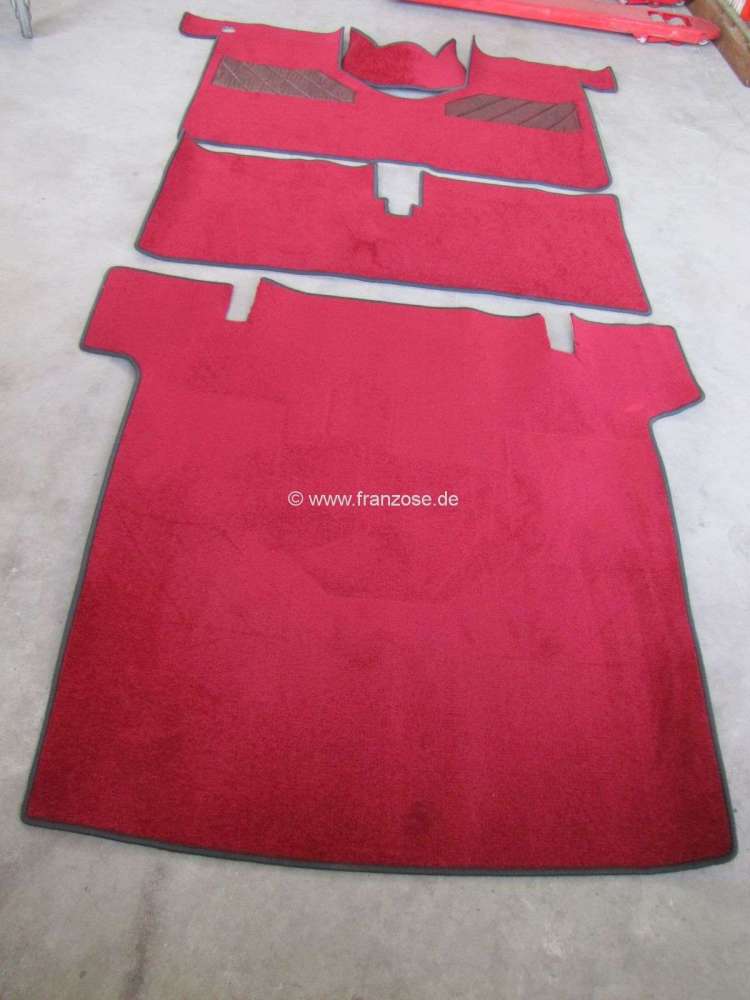Renault - R4, carpet set. Velour Excellence bordeux with dark grey (gris foncé) vinyl border trim (