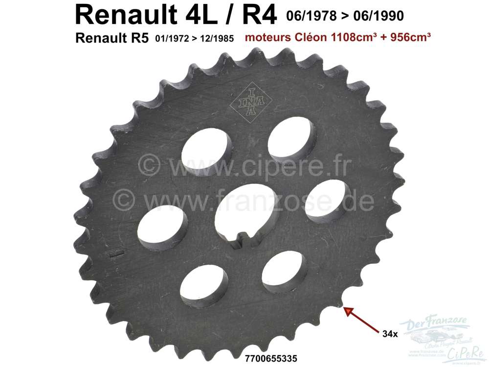 Renault - Gear camshaft. 34 teeth. Suitable for Renault R4, R5. Note: The gear has centrically in th