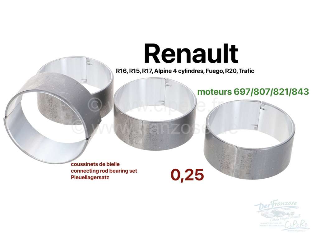 Renault - R16R15/R17, connecting rod bearing set. 0,25 oversize. Suitable for Renault R16, R15, R17.