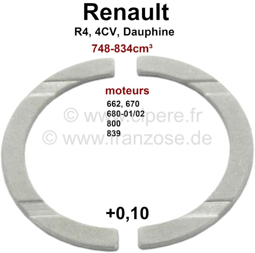 Renault - R4/4CV/Dauphine/R5, crankshaft thrust washer (axial clearance), 1 oversize 0,10mm. Dimensi