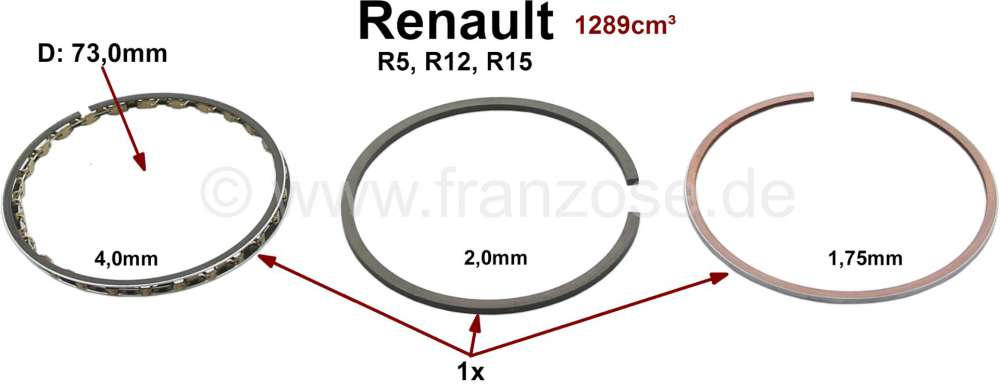 Renault - Piston ring set, per piston. Suitable for Renault engine: 1289cc. Bore: 73,0mm. Piston rin