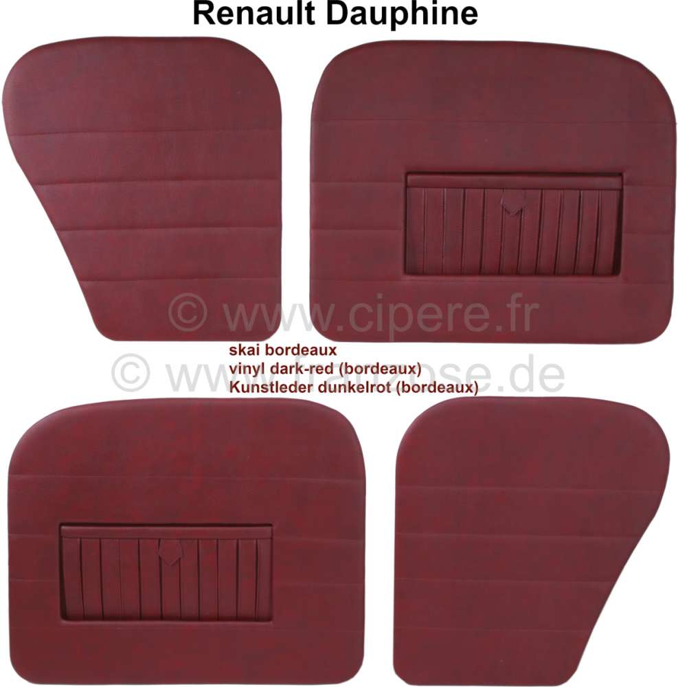 Citroen-2CV - Dauphine, door linings set (4 fittings). Color: Vinyl dark red (Bordeaux), with map bag. S