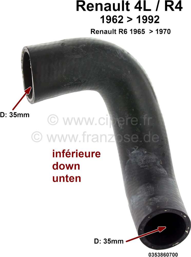 Renault - R4/R6, radiator hose down (exhaust radiator). Suitable for Renault R4 starting from year o