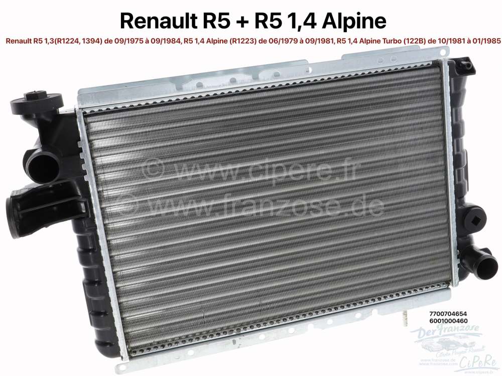 Peugeot - R5, Radiator for Renault R5 1,3(R1224, 1394) from 09/1975 to 09/1984. R5 1,4 Alpine (R1223