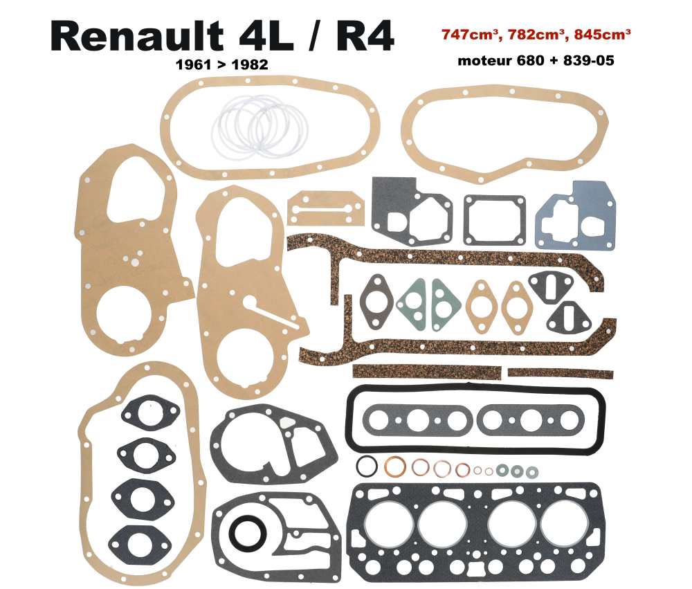 Renault - R4, engine gasket set completely, without shaft seals. Engine: 680, 839-06. Suitable for R