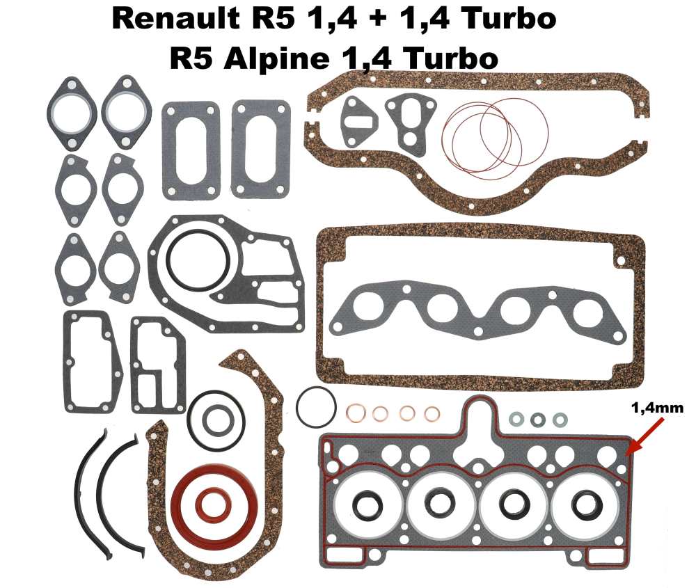 Renault - Engine gasket set. Suitable for Renault R5 1.4 + 1.4 Turbo. Renault Alpine R5 1.4 Turbo. C
