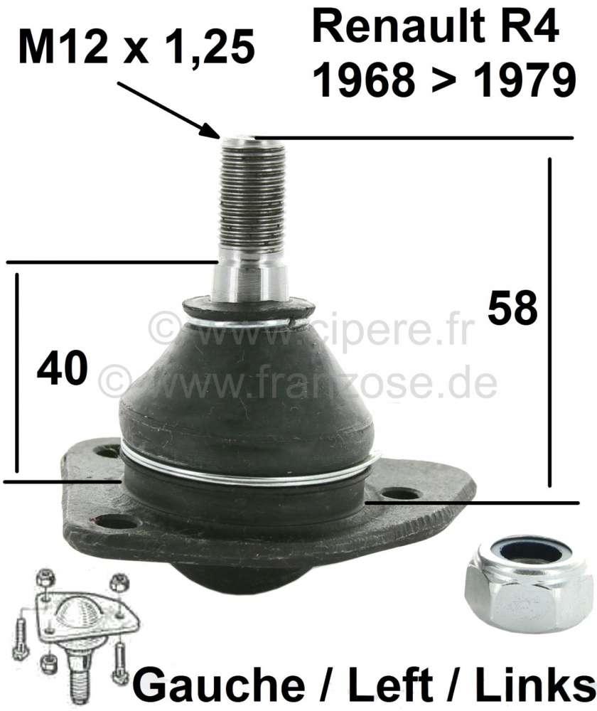 Renault - R4/R5/R6, ball and socket joint down on the left, for Renault R4 + R5, R6. Installed from 