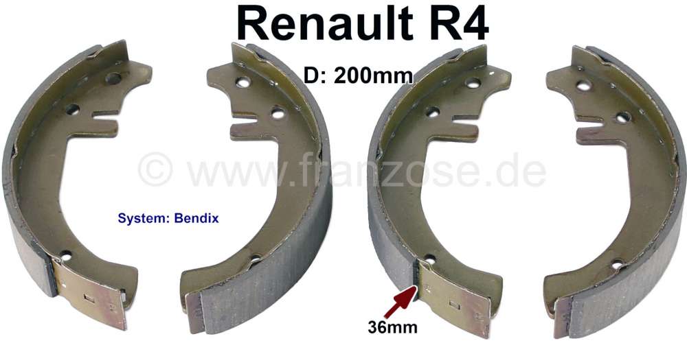 Alle - Brake shoes front (1 set). Brake system: Bendix. Suitable for Renault R4, of chassis numbe