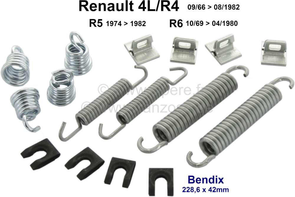Renault - Brake shoes mounting set. Brake system: Bendix. Suitable for Renault R4, R5. For drum diam