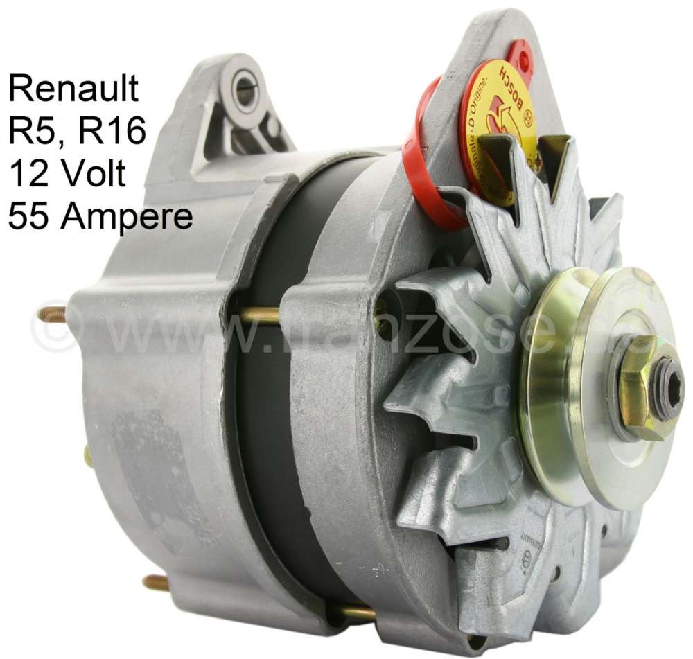 Renault - Generator, 12 V, 55 ampere. Assembly position: 60°. External battery charging regulator. 