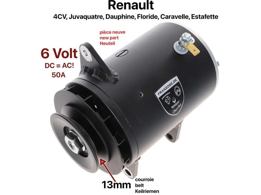 Renault - 4CV/Dauphine, Floride.... Direct current alternator (13mm V-belt width). Suitable for Rena