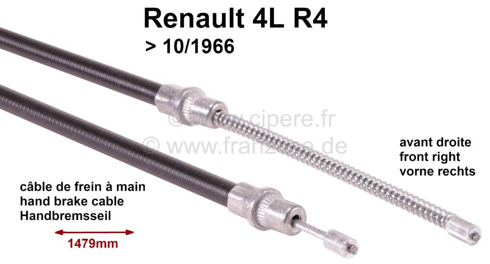 Alle - R4, hand brake cable, front on the right. Suitable for Renault R4, to year of construction