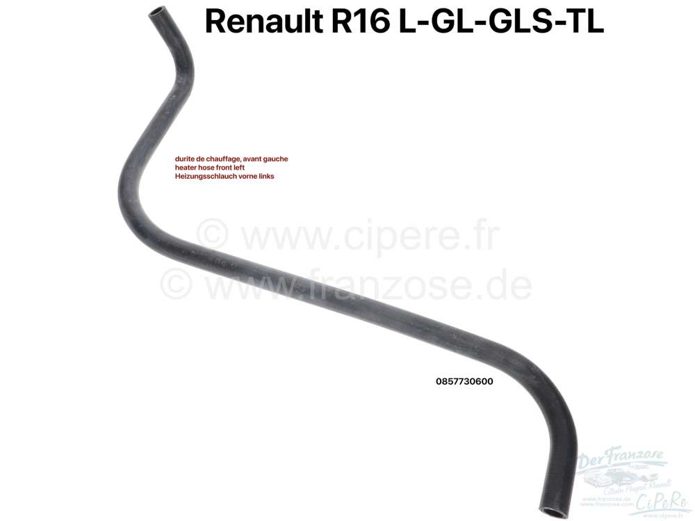Renault - R16, Heater hose front left (inlet heat exchanger heater - heater radiator). Suitable for 