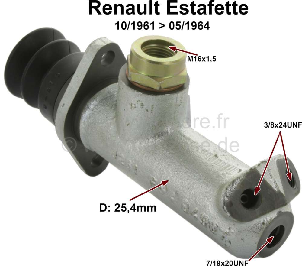 Renault - Estafette, master brake cylinder. Piston diameter: 25,4mm. Suitable for Renault Estafette 