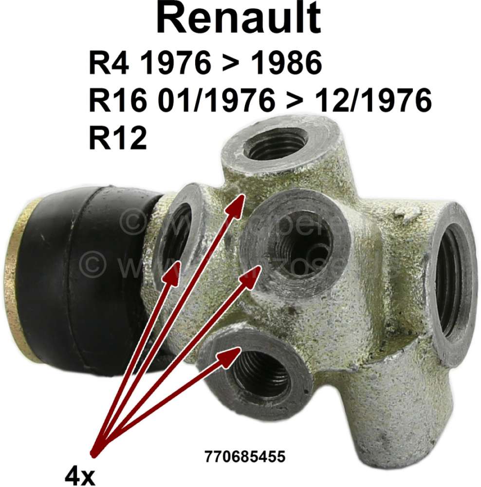 Citroen-2CV - R4/R16/R12, brake power controller. 4x 3/8x24UNF brake pipe connections. Suitable for Rena