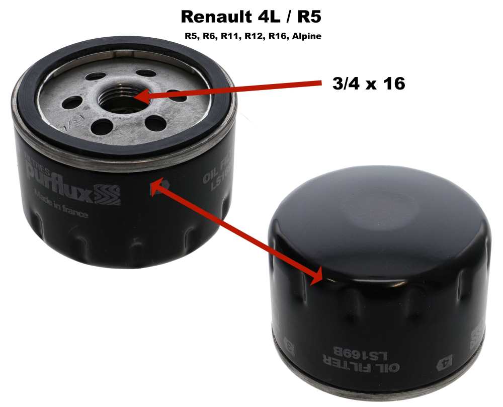 Renault - Oil filter (LS169B). Thread: 3/4 x 16. Suitable for Renault R4, R5, R6, R11, R12, R16, Alp