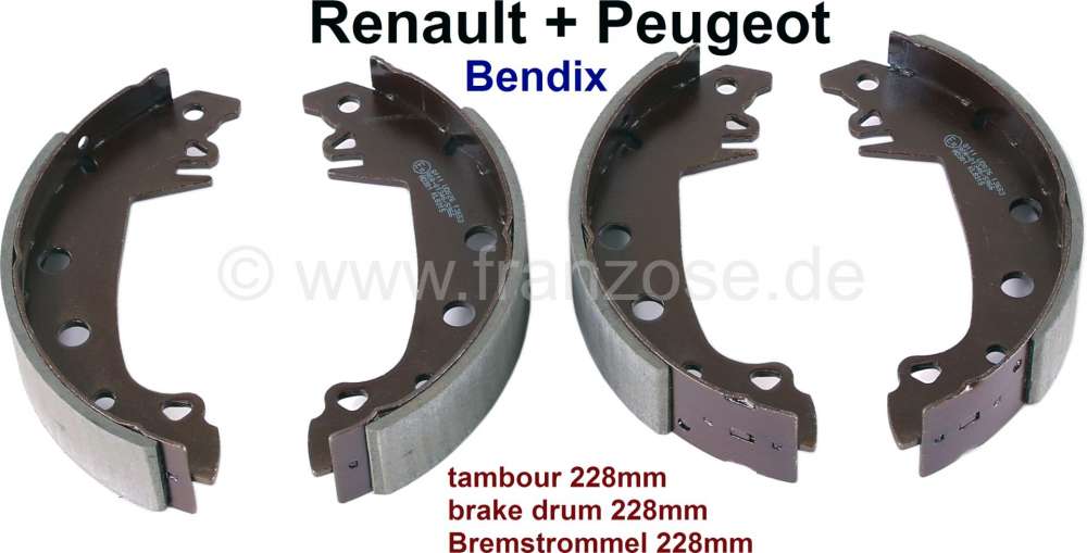 Peugeot - Brake shoe set rear. Brake system: Bendix. Drum diameter: 228mm. Lining-wide: 42mm. Suitab