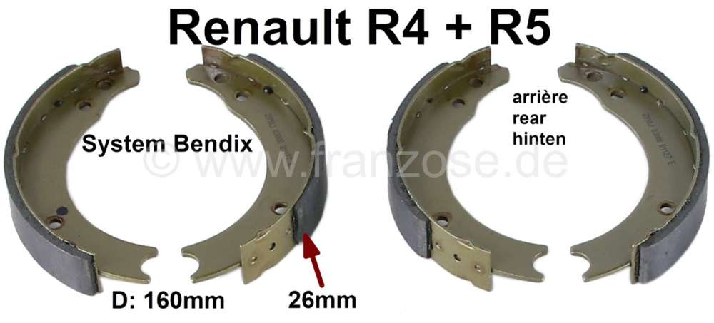 Alle - Brake shoes rear (1 set). Brake system: Bendix. Suitable for Renault R4, R5. Drum diameter