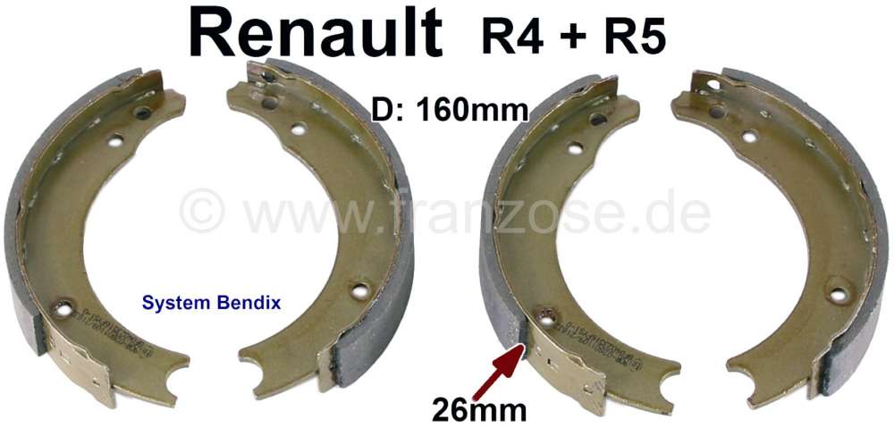 Alle - Brake shoes rear (1 set). Brake system: Bendix. Suitable for Renault R4, R5. Drum diameter