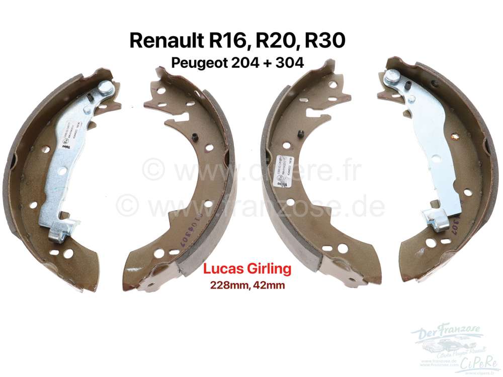 Peugeot - Brake shoes rear. Brake system: Lucas Girling. Suitable for Renault R16, R20, R30. Peugeot