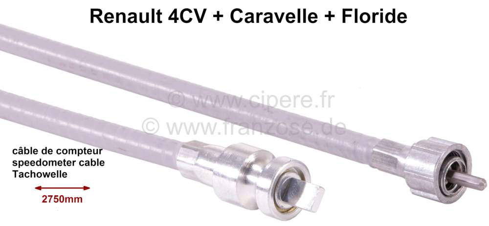 Alle - Speedometer cable, 2750mm long. Suitable for Renault 4CV, Caravelle, Floride.