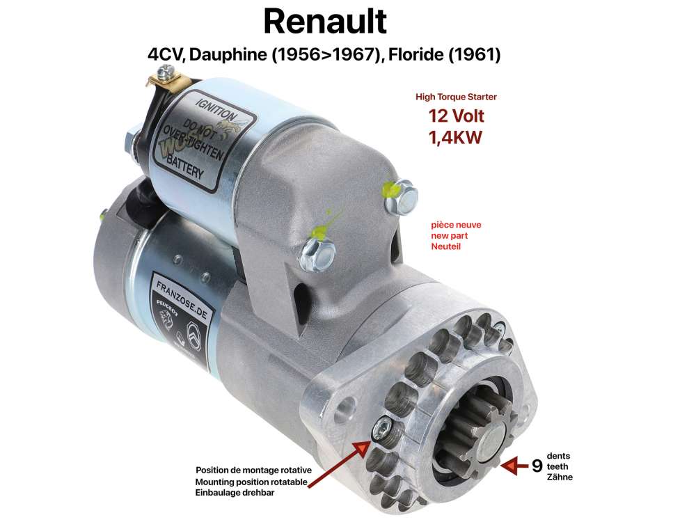 Renault - High performance starter motor. Suitable for Renault 4CV, Dauphine (1956>1967), Floride (1