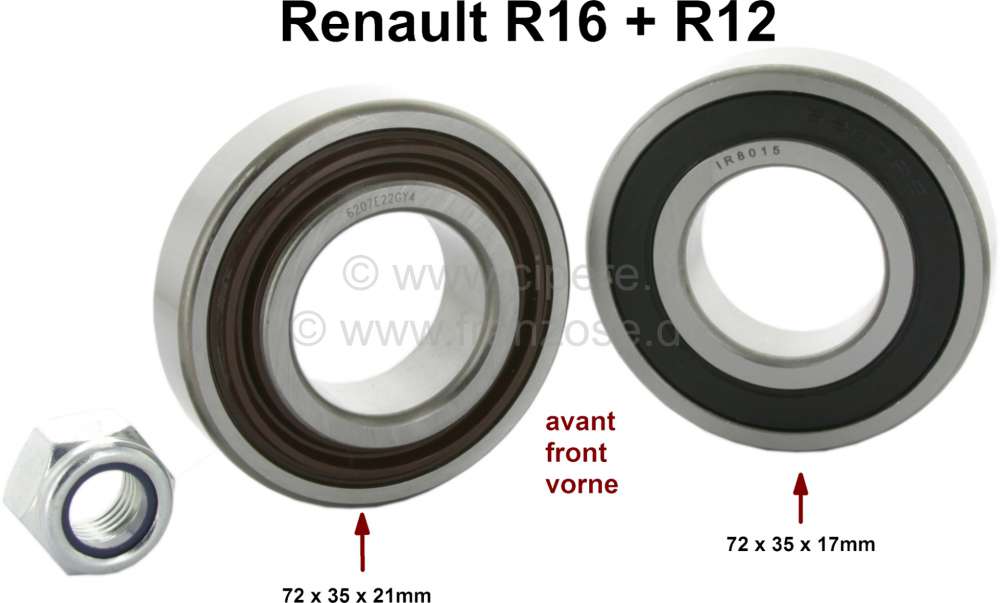 Renault - Wheel bearing set front axle. Suitable for Renault R16, R12. Bearing 1: Outside diameter: 