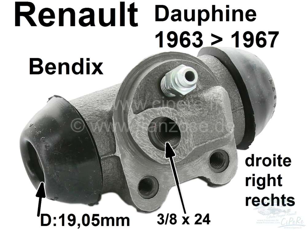 Renault - Dauphine, wheel brake cylinder at the rear right. Brake system: Bendix. Suitable for Renau
