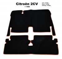 Citroen-2CV - Carpet set in velour. Colour: black, orange border trim, 2-piece. The carpet set covers th