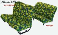 Citroen-2CV - 2CV front and rear seat covers. Asymmetrical backrest. Harlequin fabric. This crazy fabric