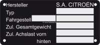 Sonstige-Citroen - Identification plate, German version, for Citroen. (Metal). 110x50mm.  4 bores.