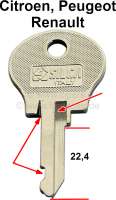 Renault - Blank key for starter lock + door lock. Suitable for Peugeot 104. 204 starting from 1965. 