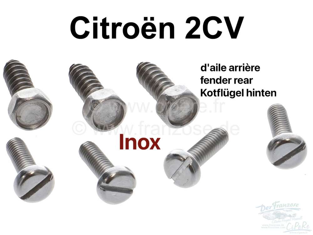 Citroen-2CV - kit de vis de fixation d'aile arrière, en Inox, 2CV, 5mmx16 DIN 85 = 4 pces et 6,3x19 DIN