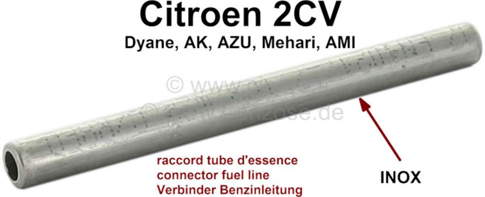 Citroen-2CV - raccord métallique de tube d'essence, 2CV après 12.1971. A l'avant sur le côté du châ