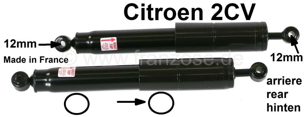 Citroen-2CV - amortisseur arrière (paire), Citroën 2CV, axe de 12mm, marque: Record. Monter le bouchon