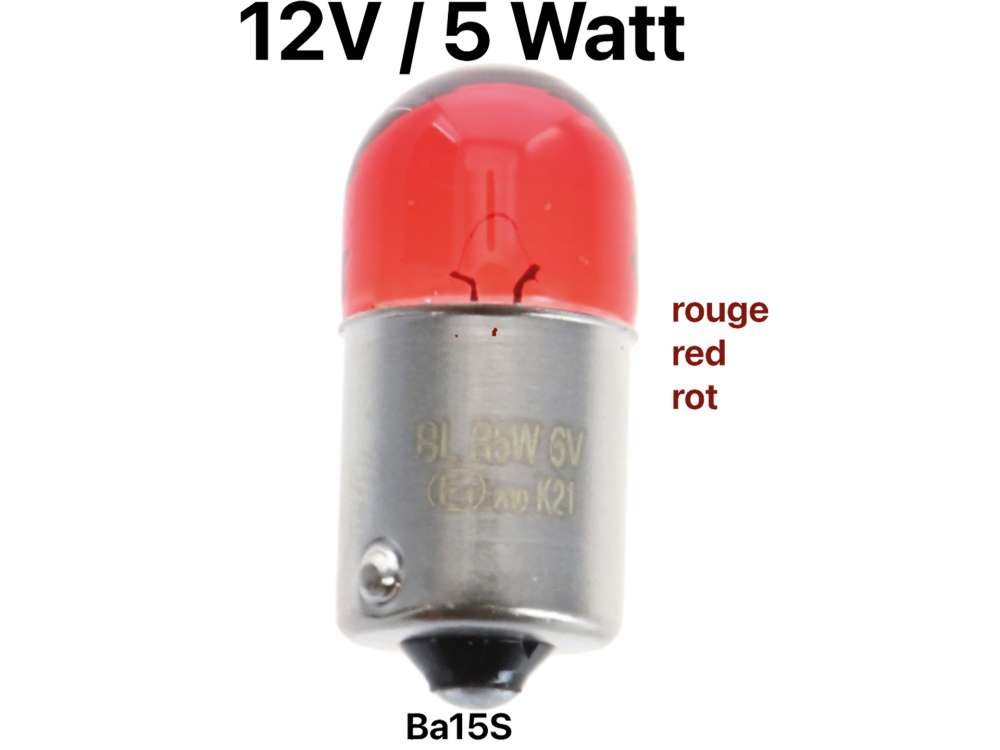 Alle - ampoule 6volts, culot Ba15s, 5 Watt, verre teint en rouge. Pour feux arrières quand le ca
