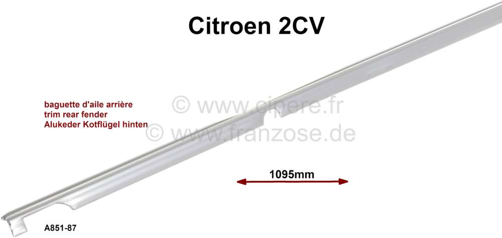 Citroen-2CV - baguette d'aile arrière, Citroën 2CV, refabrication en aluminium, baguette supérieure e