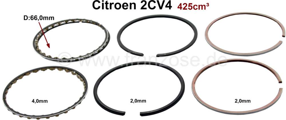 Citroen-2CV - segments 2CV4, pour 2 pistons. diamètre: 66mm, dimensions: 2-2-4 mm. Moteur 425cm³ (A53,