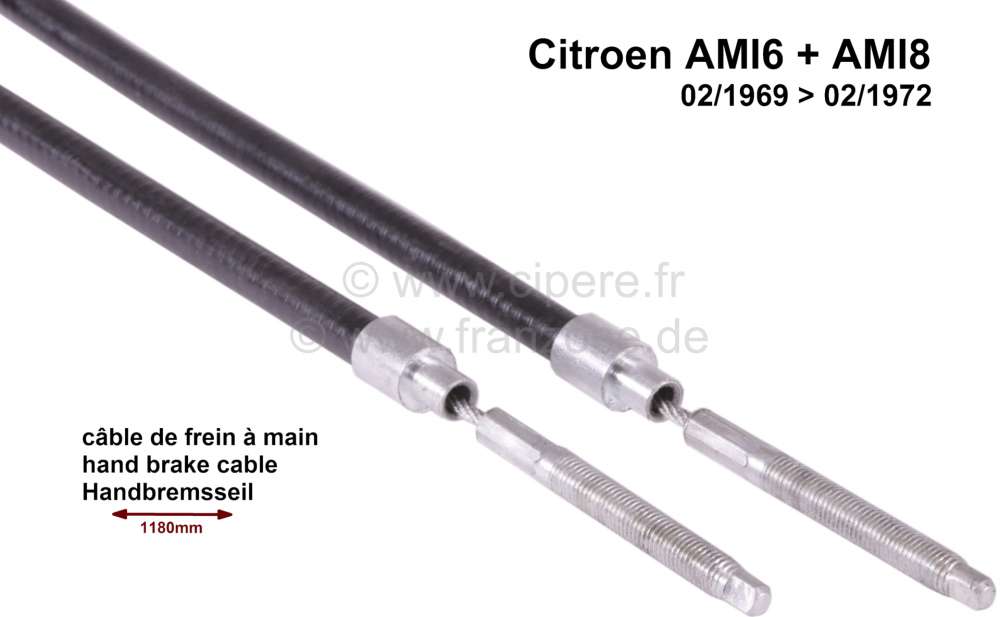Alle - câble de frein à main, Ami6, Ami8, de 02.1969 à 02.1972, longueur hors-tout 1180mm, n°