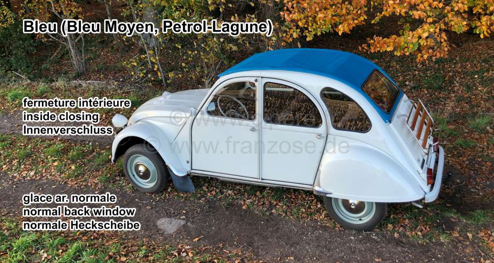 Citroen-2CV - capote, Citroën 2CV, fermeture int., bleu (Bleu Moyen, Petrol-Lagune) Made in France