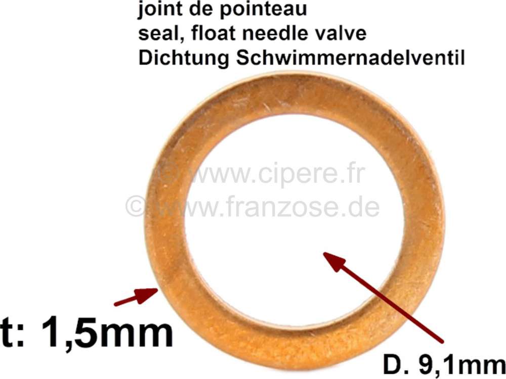 Sonstige-Citroen - joint de pointeau, diamètre int. 9,1mm, ext.11,9mm, épaisseur 1,5mm. Choisir l'épaisseu