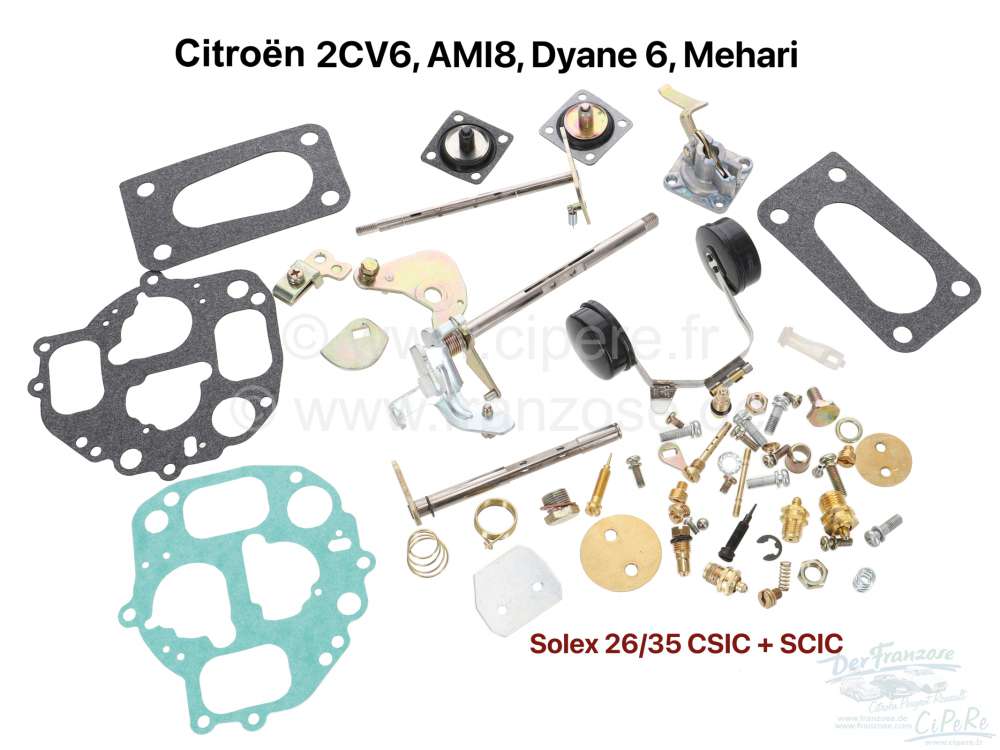 kit de réparation de carburateur double-corps, Citroën 2CV6, AMI8, Dyane 6,  Mehari, pour Solex: 26/35 CSIC + 26/35 SCI