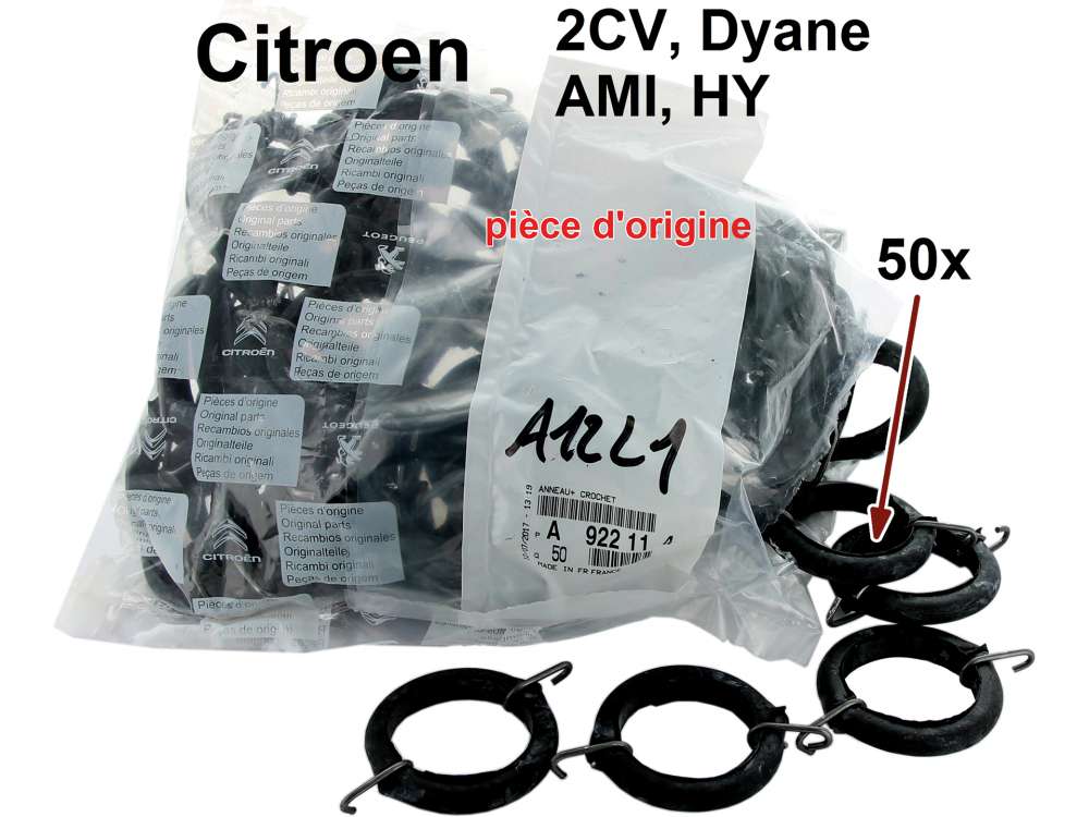 Citroen-2CV - anneau élastique avec crochet pour siège, Citroën 2CV, Dyane, HY, sachet de 50 pces, n