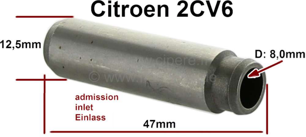 Citroen-2CV - guide soupape admission, 2CV6, longueur 47mm, diam. ext. 12,5mm, int. 8,00mm, bord supéri