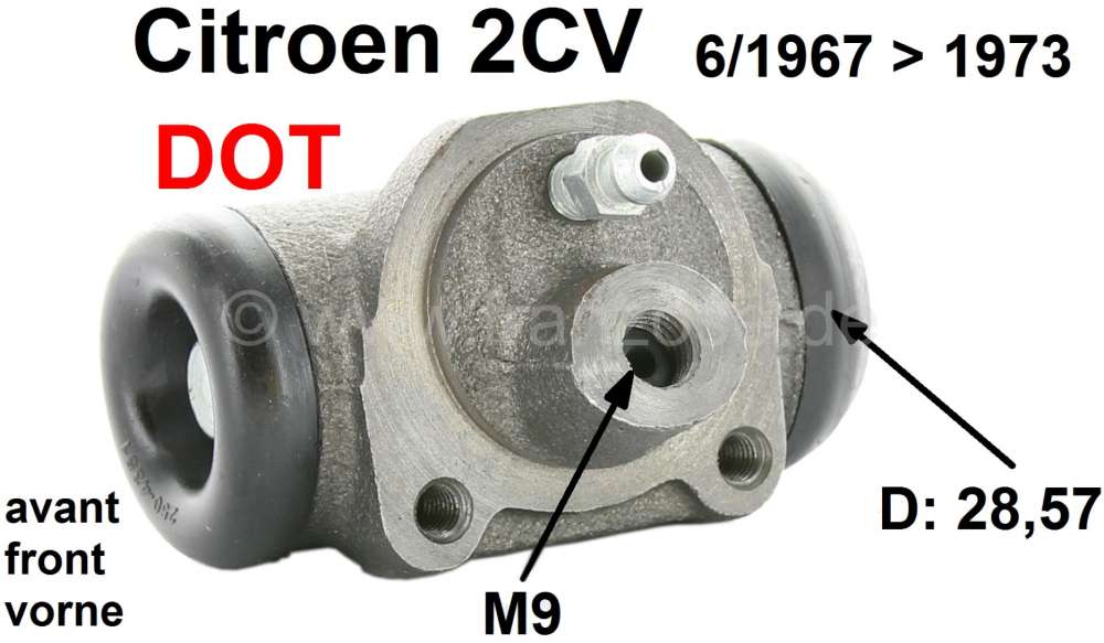 Citroen-2CV - cylindre de roue, 2CV de 06.1967 à 1973, avant, raccord M9X125, piston 28,57mm, n° d'ori