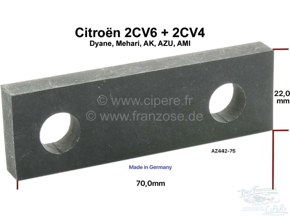 Citroen-2CV - plaquette caoutchouc antibruit de barre de direction - crémaillère, 2CV4, 2CV6