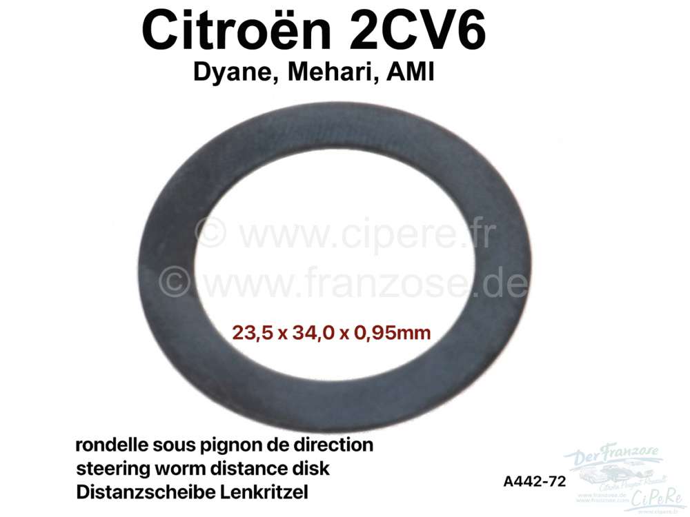 Citroen-2CV - rondelle sous pignon de direction, Citroën 2CV, dimensions: 23,5x34x0,95; n° d'origine A