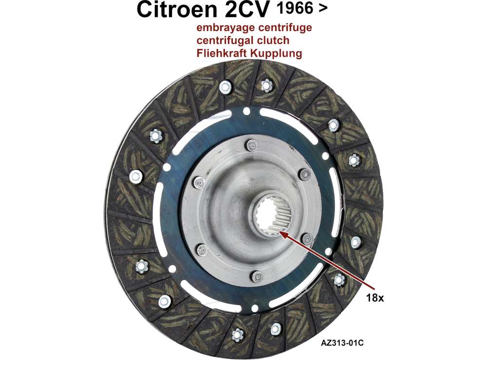 Citroen-2CV - disque d'embrayage, Citroën 2CV après 04.1966 pour embrayage centrifuge, diamètre : 16