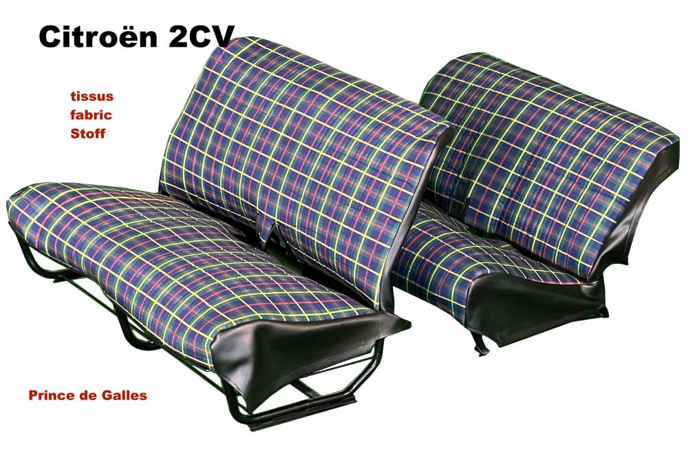 Renault - garnitures de banquette écossais, Citroën 2CV, jeu complet (avant + arrière), en tissus
